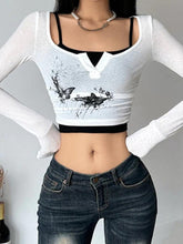 Butterfly Print Square Neck Ruched Crop Long Sleeve Knit